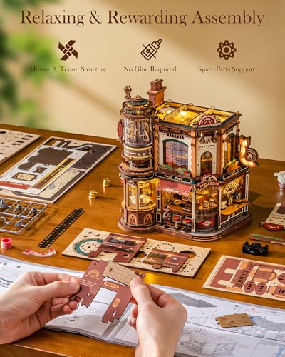 ROBOTIME Moving Coffee Factory 3D Wooden Puzzle for Adults — Mechanical Building Kit with Music Box & Warm LED Lights, 593PCS No-Glue Book Nook Kit, Miniature House Kit Desk Decor, Unique Gift
