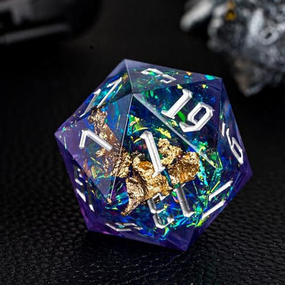 Cusdie Single D20 DND Dice with Sharp Edges and Glitter Foil Inclusions, 20 Sided D&D Dice, 33mm Handcrafted Polyhedral Dice, for Role Playing Game (Purple Blue) - color: Purple Blue