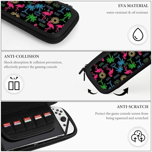 PPIKTC Portable Game Carrying Bag for Switch, Tropical Coconut Tree Neon Flamingo Hard Shell Shockproof Case, Protective Storage Holder Pouch with 15 Game Cartridges - color: Design (215)