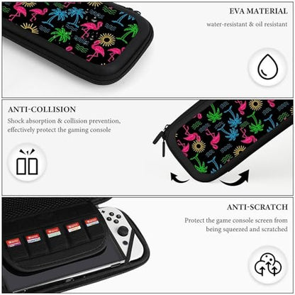 PPIKTC Portable Game Carrying Bag for Switch, Tropical Coconut Tree Neon Flamingo Hard Shell Shockproof Case, Protective Storage Holder Pouch with 15 Game Cartridges - color: Design (215)