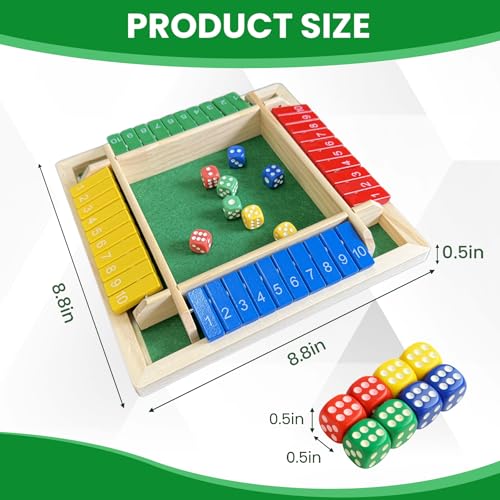 Shut The Box Dice Game, Wooden Strategy Board Game for 2-4 Players | Tabletop Math Game, 8 Dice Included, Velvet Storage Bag, Multicolor Design, Family Game Night, Pub Game - style: 4 Player-Multicolor