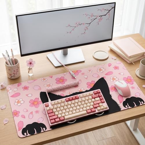 Black Cat Mouse Pad Extended Large Cute Pink Cherry Blossom Desk Mat Big Floral Flowers Desk Pad Set XXL Aesthetic Paw Gaming Mouse Pad for Keyboard Computer Laptop Home Office Girl 31.5X15.7Inches - color: Cherry Blossom Cat