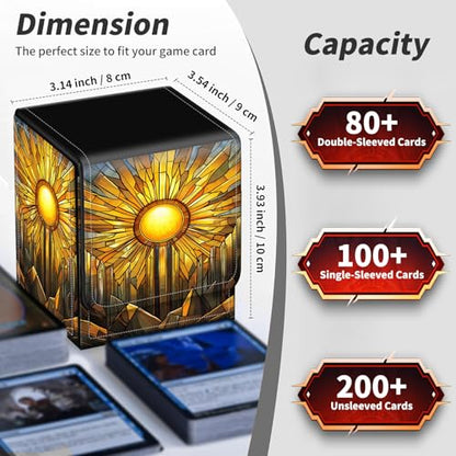 BVDIKMI Card Deck Box for MTG, Card Storage Box Fits 100+ Single Sleeved Cards, PU Leather Strong Magnet Card Deck Case Holder for Magic Commander TCG CCG, Yellow Sun - color: Yellow Sun