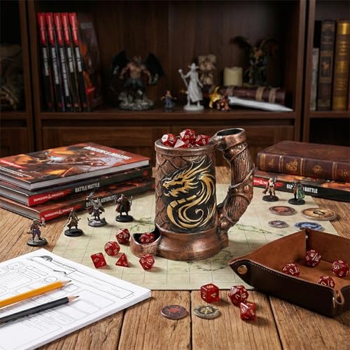 Dice Tower Mug, Dice Rolling Tower, Comes with 7 PCS Dice Set, Suitable for DND Dungeons and Dragons, Tabletop Games, Available As Drink Holder, D&D Gifts, DND Accessories (Dark Gold Dragon) - color: Dark Gold Dragon
