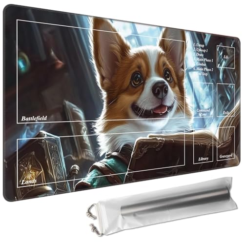 MTG Playmat with Magic Zone 24 x 14in Includes Storage Bag,TCG Playmat with Soft Surface Premium Non-Slip Rubber Backing Stitched Edges Durable Gaming Mat,Corgi Wizard Read Book - color: Corgi Wizard Read Book, size: 24"×14"With Zones