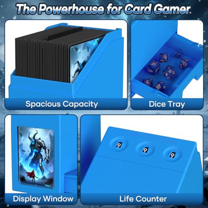 Proijeut Mtg Deck Box with Life Counter, Commander Deck Box Fits 100 Double-Sleeved Cards, Magic Card Storage Box with Commander Display & Dice Tray, Fit for MTG, TCG, CCG (Blue) - color: Blue