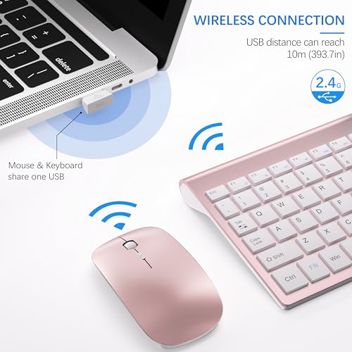 Wireless Keyboard and Mouse Ultra Slim Combo, TopMate 2.4G Silent Compact USB 2400DPI Mouse and Scissor Switch Keyboard Set with Cover, Batteries Included, for PC/Laptop/Windows/Mac - Rose Gold White - color: Rose Gold White
