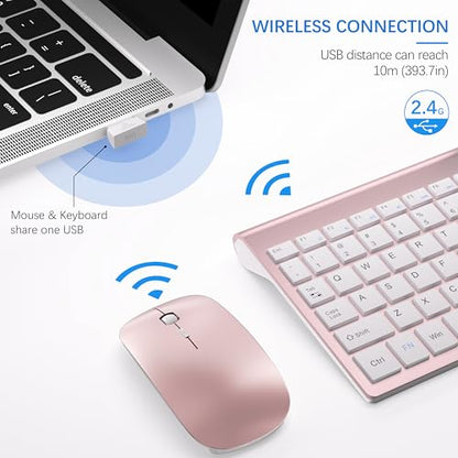 Wireless Keyboard and Mouse Ultra Slim Combo, TopMate 2.4G Silent Compact USB 2400DPI Mouse and Scissor Switch Keyboard Set with Cover, Batteries Included, for PC/Laptop/Windows/Mac - Rose Gold White - color: Rose Gold White