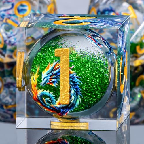 Roycevon Dragon Pattern Liquid Core DND Dice Set, 7Pcs Sharp Edge D&D Dice with Gift Box, Green Resin Dungeons Dragons D and D Role Playing Dice D20 D12 D10 D8 D6 D4 - color: Green Gold