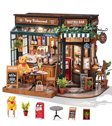 Rolife DIY Miniature House Kit 1:18 Coffe&Bar Dollhouse Diorama Model, Build Mini House Building Kit with LED Light Hobby Crafts for Adults Gift for Him Her (Tipsy Restaurant)
