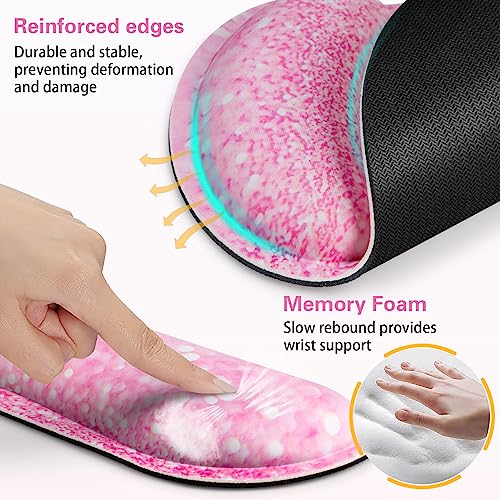 Mouse Pad with Wrist Rest Set Pink, 3-in-1 Wrist Support Mousepad Set,Gaming Mat Pad with Anti-Skid Base,Ergonomic Mouse Pad,Memory Foam Keyboard Gel Wrist Rest - color: Pink Particle