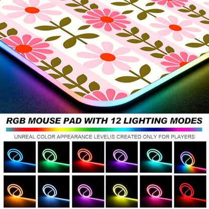 RGB Pretty Pink Flowers Gaming Desk Mat, Computer Keyboard Large Extended Long Floral LED Mouse Pad for Office and Home, XL (W11) - color: Rgb-w11