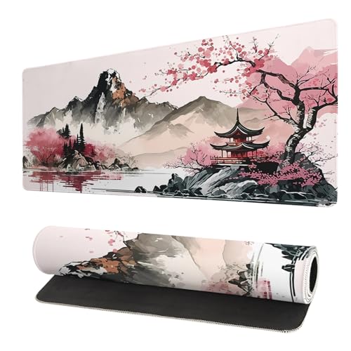 Watercolor Japanese Large Gaming Mouse Pad,Mouse Pad Gaming 31.5 x 11.8 in Mouse Mat Desk Pad,Large Desk Mat,Extended Keyboard Mousepad with Non-Slip Base and Stitched Edge for Desk Home Office - color: Watercolor Cherry Blossom