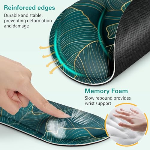 Mouse Pad with Wrist Rest Set, 3-in-1 Wrist Support Mousepad | Gaming Mat Pad with Anti-Skid Base,Ergonomic Mouse Pad Green,Memory Foam Gel Wrist Rest for Computer Keyboard - color: Golden Green Palm Leaves