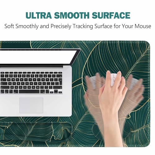 ToLuLu Extended Gaming Mouse Pad, Ergonomic Keyboard Mouse Wrist Rest Set | Large Desk Mat with Stitched Edges, Non-Slip Base Memory Foam Mousepad Support for Home Office Game, Green Golden Leaves - color: Green Golden Leaves