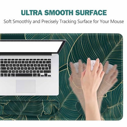 ToLuLu Extended Gaming Mouse Pad, Ergonomic Keyboard Mouse Wrist Rest Set | Large Desk Mat with Stitched Edges, Non-Slip Base Memory Foam Mousepad Support for Home Office Game, Green Golden Leaves - color: Green Golden Leaves