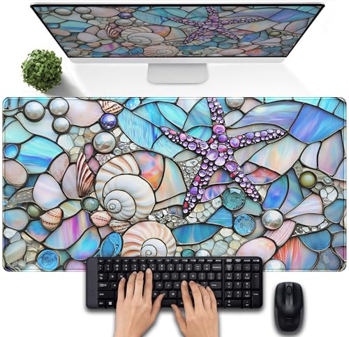Stained Glass Desk Mat Large Mouse Pad Extended Desk Pad, Gaming Computer Mouse Mat XXL, Big Desktop Keyboard Mat, Full Desk Laptop Pad for Office Work, Ocean Desk Decor Aesthetic 31.5×15.7 Inch - color: Coastal Seashells