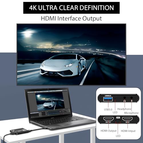 4K HDMI Video Capture Card for Streaming, 1080P 60FPS USB 3.0 Game Capture Device with Audio, Zero-Lag Capturadora De Video for Nintendo Switch PS5 Xbox PC OBS Live Recording