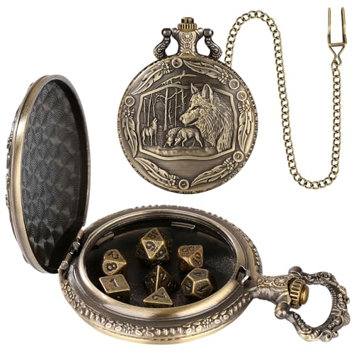 Mini DND Dice Set with Steampunk Wolf Pocket Watch Shell Case, 7pcs Polyhedral Metal D&D Dice, DND Gifts with Gift Box, Role Playing Board Games Accessories - color: Bronze