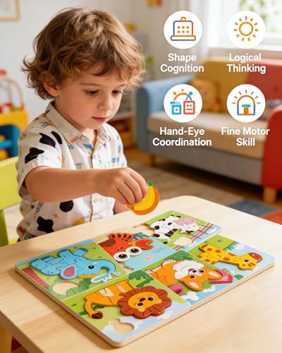 Wooden Puzzles for Toddlers 1-3, 6pcs Animal Jigsaw Puzzles for Toddlers, Montessori Educational Learning Toys for Kids Ages 1-4,Gifts for Boys Girls