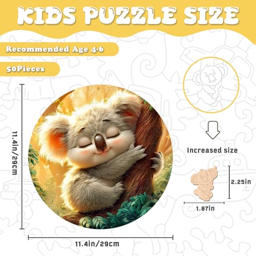 Animal Wooden Puzzles for Kids - Sleeping Koala (11.4 * 11.4 in) | 50 Piece Puzzles for Kids Ages 6-8, Kids Puzzles with Unique Animal Shapes, Round Gift for Girls and Boys - color: Sleeping Koala