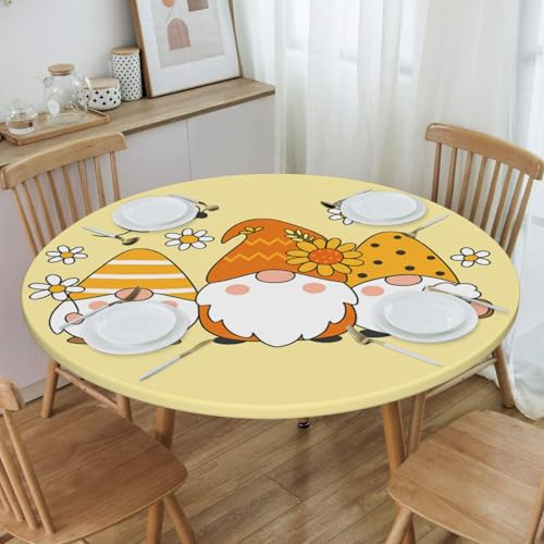 Famame Cute Sunflower Bee Gnomes Fitted Round Tablecloth Waterproof Table Cloth with Elastic Edge Wipe Clean Table Covers for Indoor Outdoor Fits 45"-50", Medium - color: Sunflower Bee Gnomes