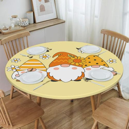 Famame Cute Sunflower Bee Gnomes Fitted Round Tablecloth Waterproof Table Cloth with Elastic Edge Wipe Clean Table Covers for Indoor Outdoor Fits 45"-50", Medium - color: Sunflower Bee Gnomes