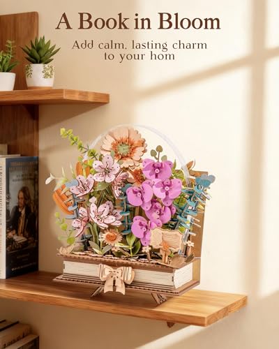 Rowood 3D Puzzle,Mothers Day DIY Wooden Flower Craft Kits for Adults,Botanical Collection Home Decor, Valentine's Day/Christmas/Birthday Gift-Wooden Blooming Book