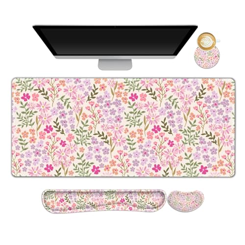 Large Gaming Mouse Pad Set, Ergonomics Keyboard Desk Mat with Memory Foam Wrist Rest, Computer PC Extended Game Mousepad, Non-Slip Desk Matt Easy Typing Pain Relief I Artistic Colroful Flowers - color: Artistic Colroful Flowers