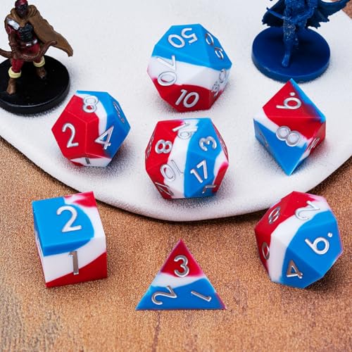 D&D Silicone Rubber Polyhedral DND Dice Set,Sharp Edges Soft Perfect Bouncer for Dungeons and Dragons, RPG, MTG (D4, D6, D8, D10, D12, D20, D%) for Ages 15 and Up - color: Blue White Red