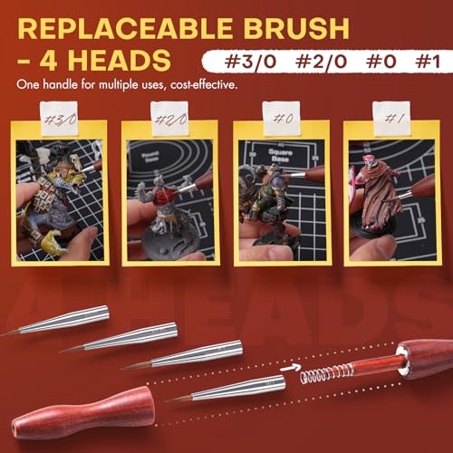Golden Maple Kolinsky Sable Miniature Brushes Set - 4 Replaceable Heads & Red Sandalwood Handle for Miniature Models, Professional Detail Painting, Watercolor & Acrylic, Size 3/0 2/0 0 1 - size: 3/0 2/0 0 1