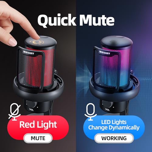 MRSDY USB Gaming Microphone for PC with Noise Reduction, Mute, Gain, RGB | Condenser Mic, Headphone Jack, Suitable for PC, Computer, PS4, PS5, Mac, Streaming, Podcasting, Recording, YouTube, Discord