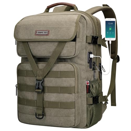WITZMAN Canvas Travel Backpack for Men Large Laptop Backpack Fits 16 Inch | Carryon TSA Friendly Flight Approved, Vintage Luggage Bag with USB Port Airline Approved, For Weekend Trips, A8012 Army Green - color: Army Green