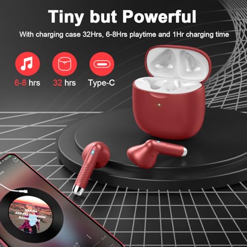 Wireless Earbuds, Bluetooth 5.4 Headphones in Ear with Noise Cancelling Mic, Bluetooth Earbuds Stereo Bass, IP7 Waterproof Sports Earphones, 32H Playtime USB C Charging Ear Buds Red for Android iOS | Bluetooth Earbuds Stereo Bass, IP7 Waterproof Sports Ea
