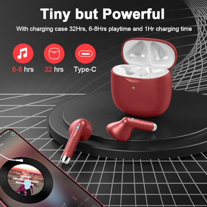 Wireless Earbuds, Bluetooth 5.4 Headphones in Ear with Noise Cancelling Mic, Bluetooth Earbuds Stereo Bass, IP7 Waterproof Sports Earphones, 32H Playtime USB C Charging Ear Buds Red for Android iOS | Bluetooth Earbuds Stereo Bass, IP7 Waterproof Sports Ea
