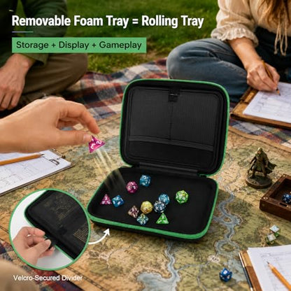 Hard DND Dice Case for 5 Polyhedral Dice Sets, Case Only | Hard shell dice case, holds 5 polyhedral sets, with removable divider and dual mesh pockets for DND/RPG game nights - color: Green