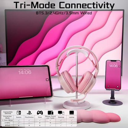 G7 Wireless Gaming Headset, Surround Sound 10ms Low Latency, PC Headset with Detachable Noise Canceling Mic, 40mm Driver, Tri-Mode 2.4G/BT5.2/Wired, Over Ear Headphone for PS5,PS4,Switch - color: Pink