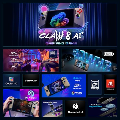 msi Claw PC Gaming Handheld: Intel Ultra 7-258V, 8" FHD 120Hz Display, 32GB LPDDR5, 1TB NVMe SSD, MicroSD Card Reader, Thunderbolt 4, Win 11 Home: Black 8 AI+ A2VM-001US