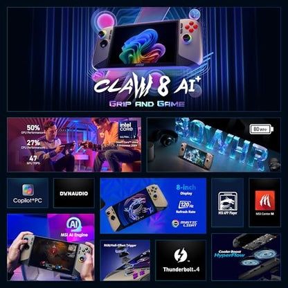 msi Claw PC Gaming Handheld: Intel Ultra 7-258V, 8" FHD 120Hz Display, 32GB LPDDR5, 1TB NVMe SSD, MicroSD Card Reader, Thunderbolt 4, Win 11 Home: Black 8 AI+ A2VM-001US