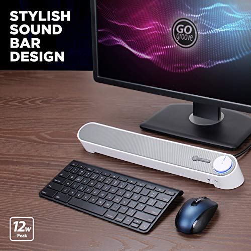GOgroove Computer Speaker Mini Soundbar - USB Powered PC Sound Bar with Easy Setup Wired AUX, Stereo Audio, Microphone Port, Volume Control Knob, Under Monitor Design for Desktop (White) - color: White and Grey