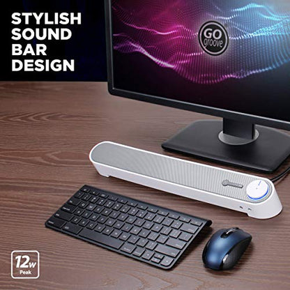 GOgroove Computer Speaker Mini Soundbar - USB Powered PC Sound Bar with Easy Setup Wired AUX, Stereo Audio, Microphone Port, Volume Control Knob, Under Monitor Design for Desktop (White) - color: White and Grey