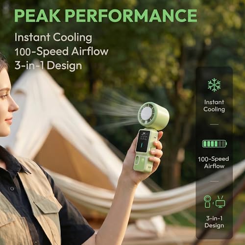 Portable Handheld Fan, 100-Speed Turbo Rechargeable Mini Fan | 3-in-1 Wearable Foldable Fan with Ice Compress Cooling. Ideal for Travel, Outdoor, Office. Compact & Long Battery Life. - color: Green