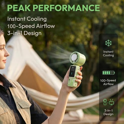 Portable Handheld Fan, 100-Speed Turbo Rechargeable Mini Fan | 3-in-1 Wearable Foldable Fan with Ice Compress Cooling. Ideal for Travel, Outdoor, Office. Compact & Long Battery Life. - color: Green