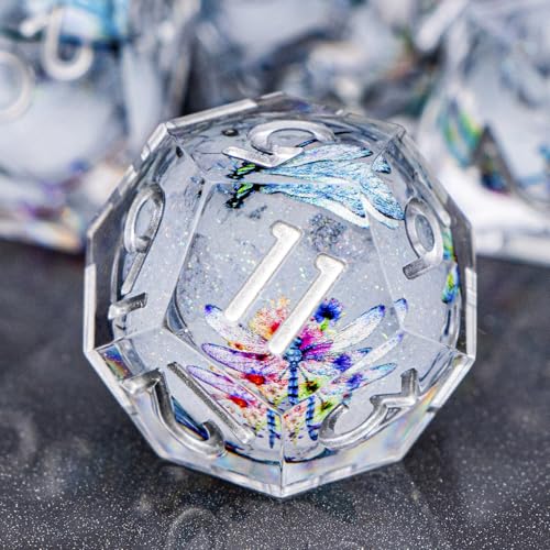 DND Dragonfly Dice 7PCS Polyhedral Sharp Edge Dice Set with Gift Case for Dungeons Dragons Role Playing Game, RPG Resin D and D Dice D6 D8 D10 D12 D20 D% (White Silver) - color: Qt-white Silver