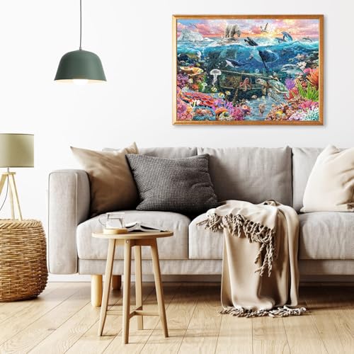 1000 Piece Jigsaw Puzzle for Adults, Underwater Ocean Puzzle | Underwater Ocean Scene with Marine Life, Unique-Shaped Pieces, Color-Coded Back, 26.6 x 19.2 in - color: Two Worlds, One Ocean