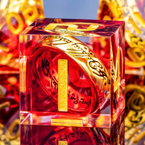 OUKELANWO Magic Lord Rings DND Dice Set with Box, 7Pcs Resin LOTR D&D Dice Set for Role Playing Game, Red Gold Dungeons Dragons D and D Sharp Edge Dice D20 D12 D10 D8 D6 D4 - color: Red