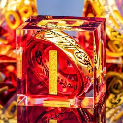 OUKELANWO Magic Lord Rings DND Dice Set with Box, 7Pcs Resin LOTR D&D Dice Set for Role Playing Game, Red Gold Dungeons Dragons D and D Sharp Edge Dice D20 D12 D10 D8 D6 D4 - color: Red