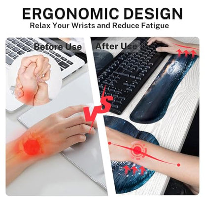 Arttown Keyboard Mouse Pad Set, 4 in 1 Desk Mat Set Seascape Moonlight | Wave Night Romantic Large Mousepad+Keyboard Wrist Rest+Mouse Wrist Rest+Coaster Ergonomic Design for Home Office Computer - color: Moonlight Night