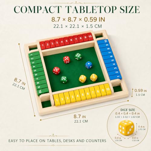 Shut The Box Game, 4 Player Wooden Square Board with 8 Dice Set | 4-player Shut The Box wooden square math board with 8 dice for adults,family nights, parties and pub tabletop strategy play. - color: 1-4 Players