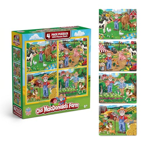 MasterPieces – Jigsaw Puzzle Set for Kids 6+ Years, 4-Pack of 100 Pieces, Educational and Fun Game, Old Macdonald’s Farm Collection, Gift Idea for Children, 8" x 10" - style: Old MacDonald's Farm